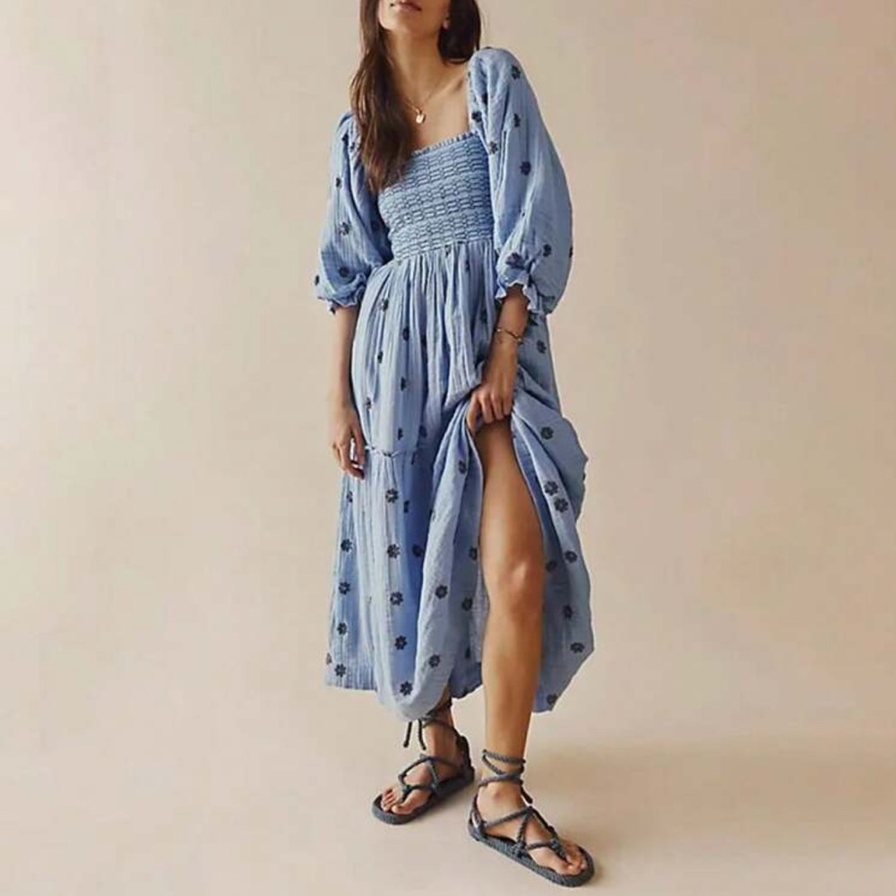 Floral Embroidered Boho Blue Dress